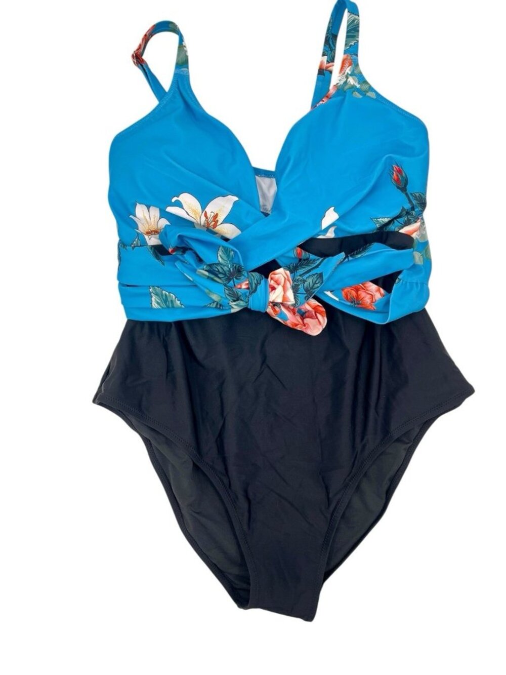 CUPSHE Women's Black Blue Floral Ember Floral Wrap One Piece Swimsuit NWT 1X
